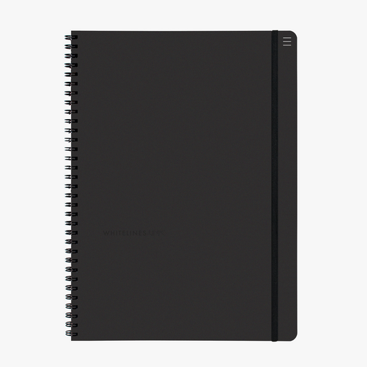 Black lined A4 notebook with white lines